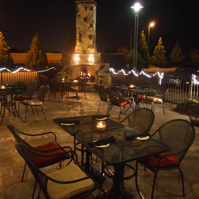 Tables and chairs outside.