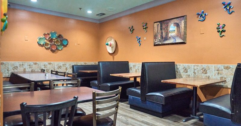 Dining space, seating booths, tables and chairs