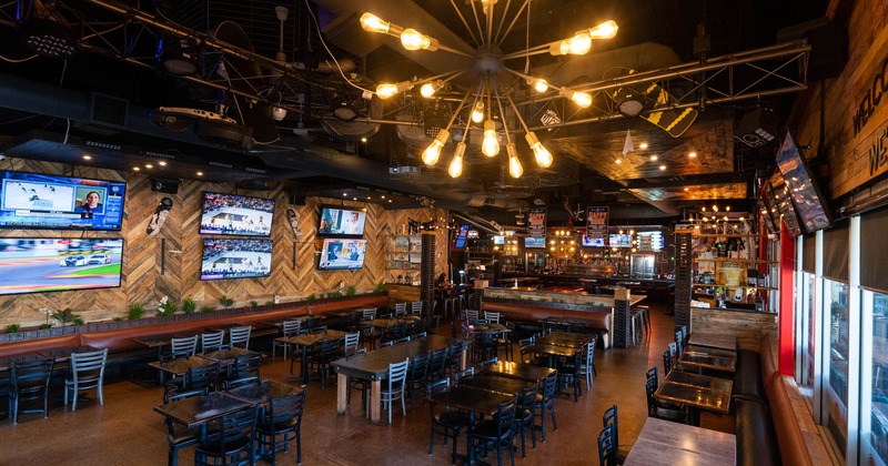 Interior, diner area, decorated chandelier