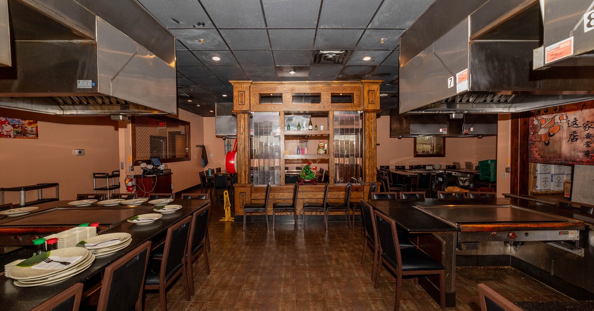 Interior, hibachi tables with chairs, tile flooring