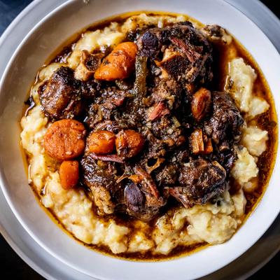 Braised oxtail served over a bed of creamy mashed potatoes with carrots.