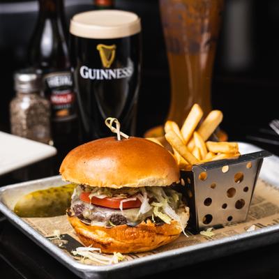 Vegan cheeseburger and fries.