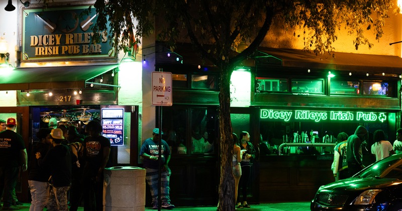 Exterior, entrance, people, night view