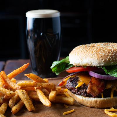 Burger, fries and glass of beer