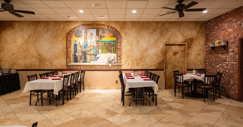 Interior, private banquet room with set tables
