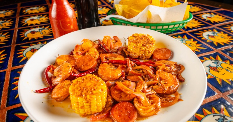 Cajun Shrimp with corn on a cob and sausage