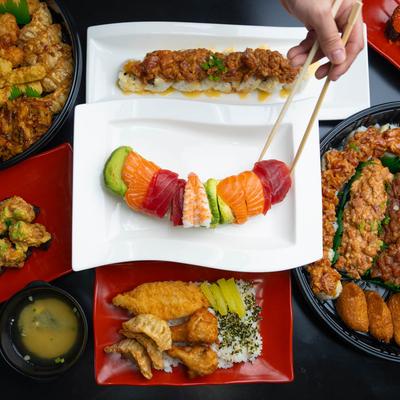 Assorted food dishes, overhead view.