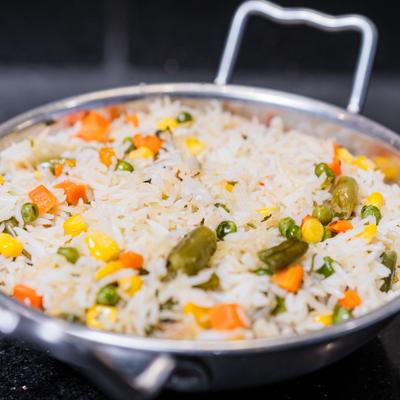 Basmati rice with mixed vegetables, close-up.