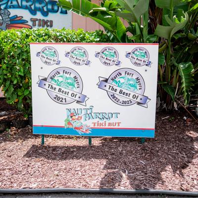 Nauti Parrot Tiki Hut award sign for Best of North Fort Myers.