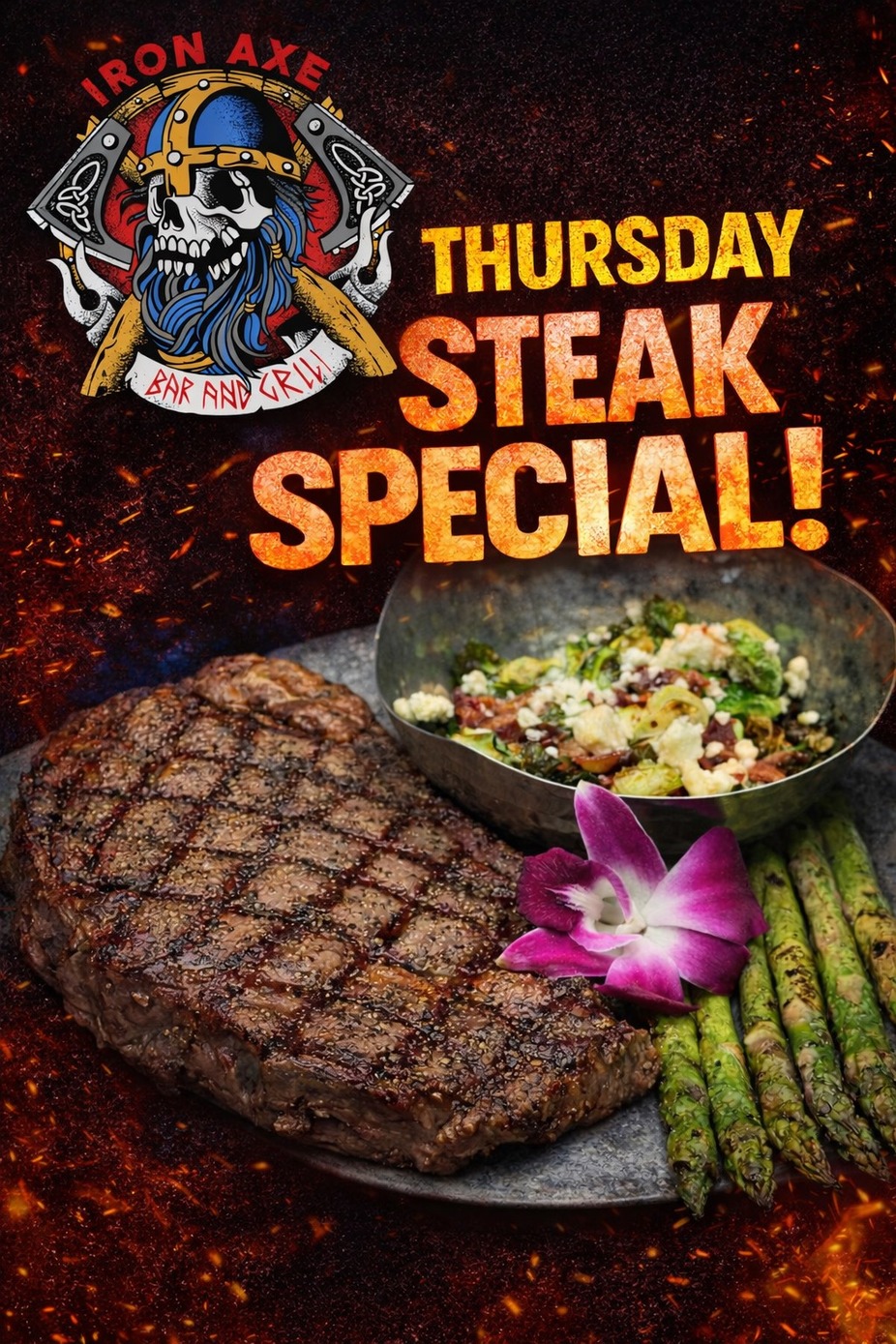 14oz Ribeye with 2 sides $22
6oz Filet with 2 sides $22
10oz Filet with 2 sides $27
$2 Fireball Shots