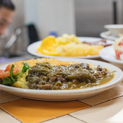 Assorted dishes on a kitchen table.