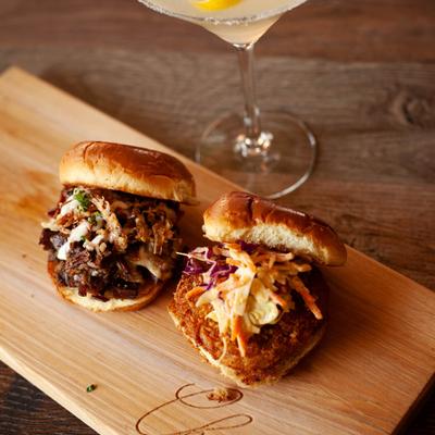 Sliders and a cocktail drink.