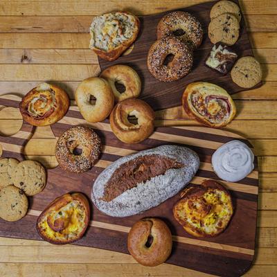 A top view of assorted baked goods on a table.