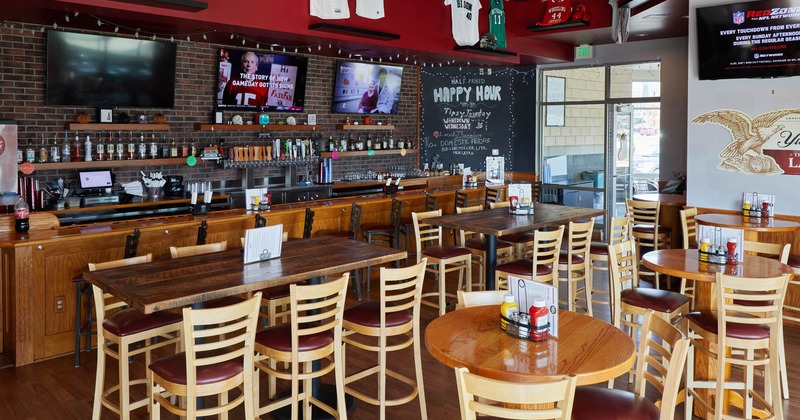 Interior, dining area with bar tables