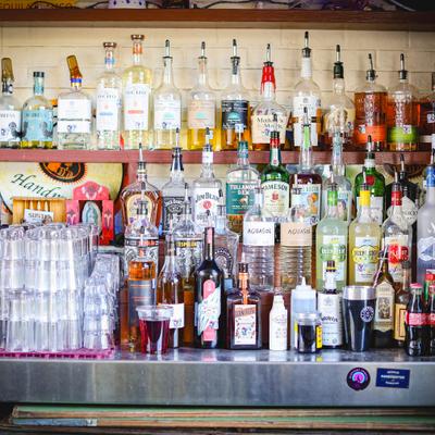 Selections of spirits and liquers on the bar shelves.