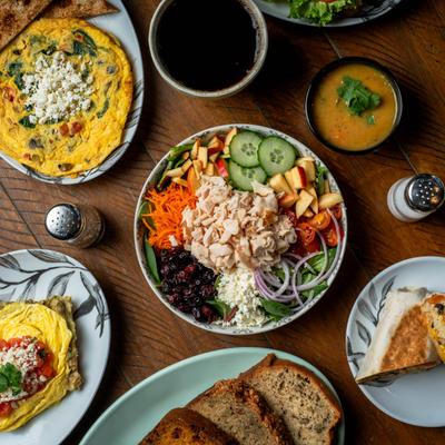 Cranberry salad and other meals, top view.