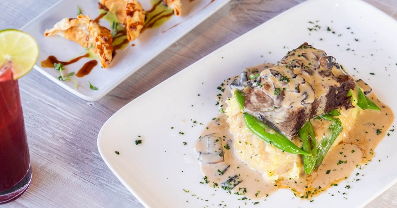 Braised Short Ribs, Lemongrass Chicken Dumplings, and a cocktail