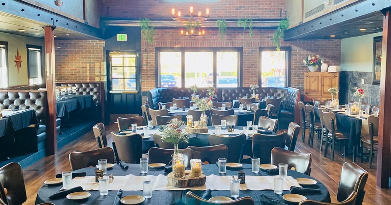 Interior, dining room, set tables and chairs ready for guests
