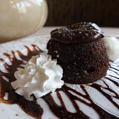 Chocolate lava cake, with whipped cream.