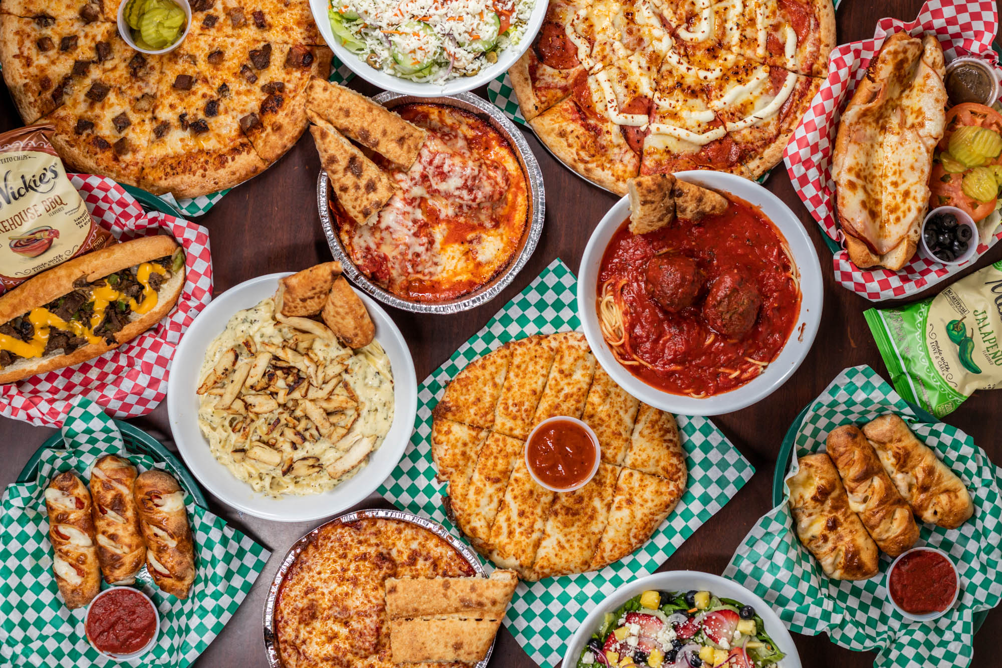 An assortment of dishes on the table, overhead view