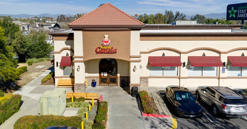 Exterior, restaurant front, part of parking lot, entrance, aerial wiew