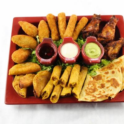 Barrel Sampler , mini tacos , wings, quesadilla, taquitos , jalapeno poppers.