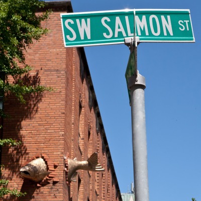 View of street sign ( SW Salmon St) with golden salmon statue in building