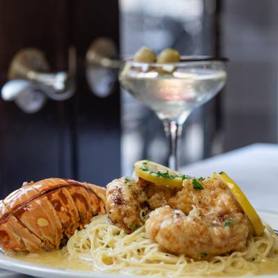 Fried lobster, with linguine pasta and lemon butter sauce.