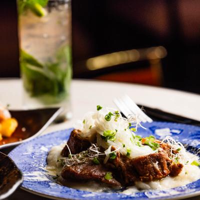 “Masitas de Cerdo” plate served with yuca and mojo.