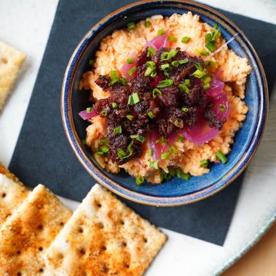 Old bay saltines, pickled red onion, bacon jam