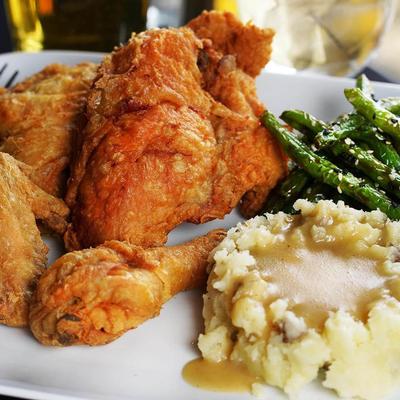 Brined fried chicken with teriyaki green beans and garlic mashed potatoes.