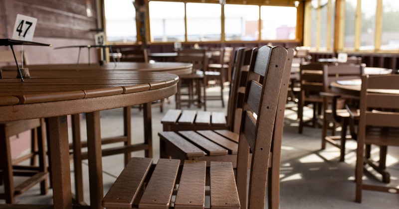 Exterior, wooden table and chairs on patio