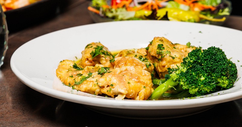 Sauced chicken pieces served with broccoli and vegetables