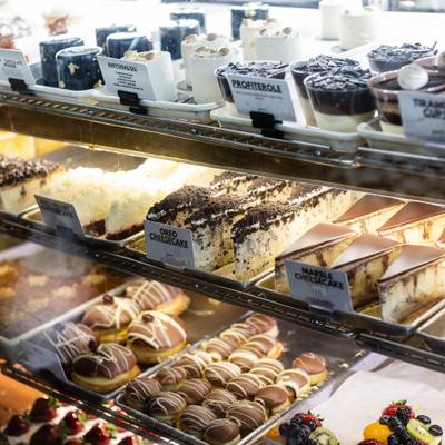 Various pastries in the display case.