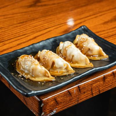 Chicken Gyoza, served.