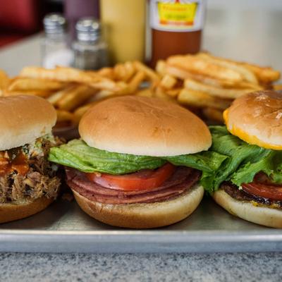 barbecue, taylor pork roll, cheeseburger and french fries.