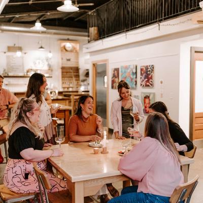 Interior, cheerful guests in the seating area
