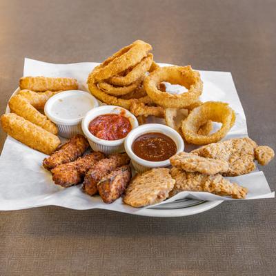 Sampler Appetizer = fried mozerella and zuchini sticks, onion rings and chicken strips.