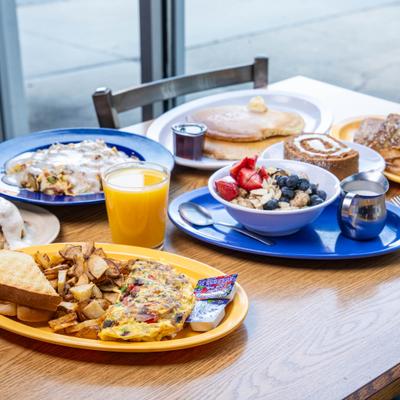 Veggie omelet, Kitchen Sink Bowl, Oatmeal Bowl, Pancakes, Pumpkin Roll & OJ.