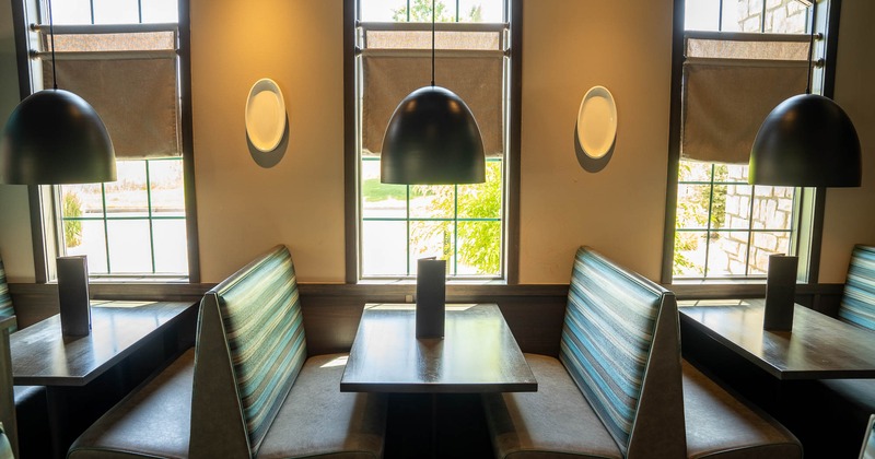Interior, restaurant booths near window