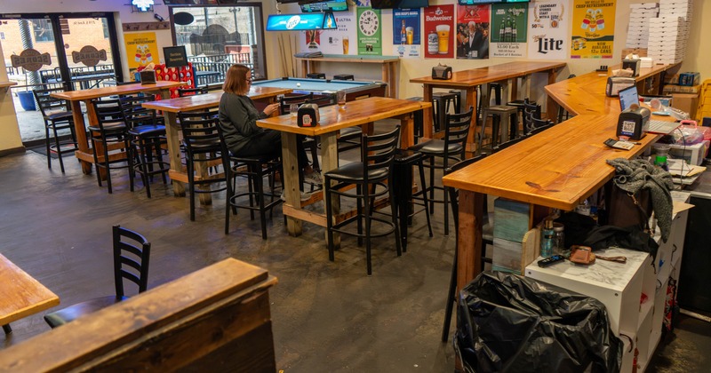 Interior, high tables and chairs