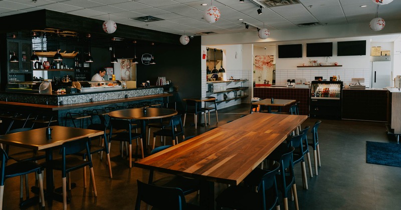 Interior, tables and chairs ready for guests