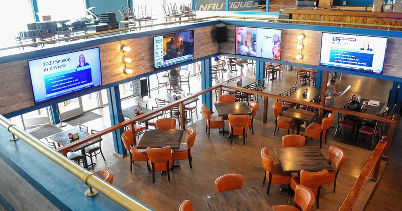Interior, dining area viewed from upstairs