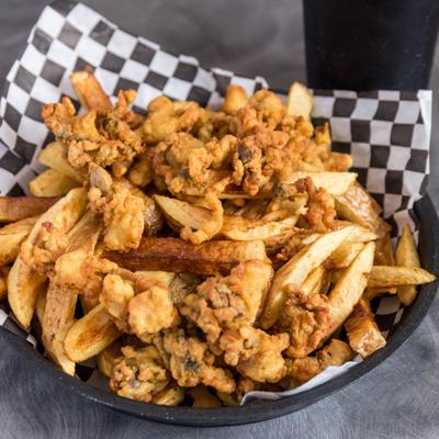 A basket of fried whole belly clams.
