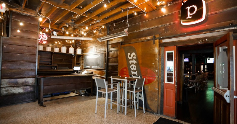 Interior, table and chairs with light ceiling decoration