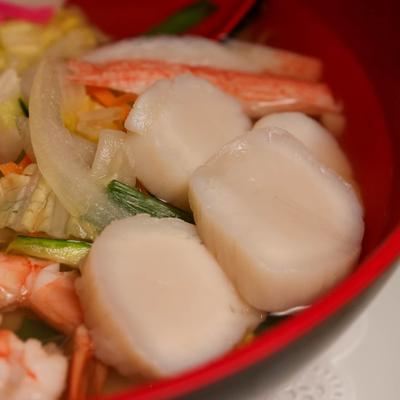 Extreme close up of Seafood Nabe Yaki Udon.