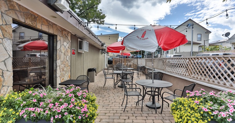 Exterior, patio, tables, chairs, parasols