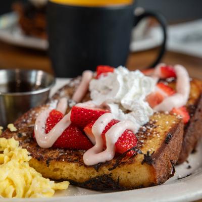 French toast with strawberries and cream.
