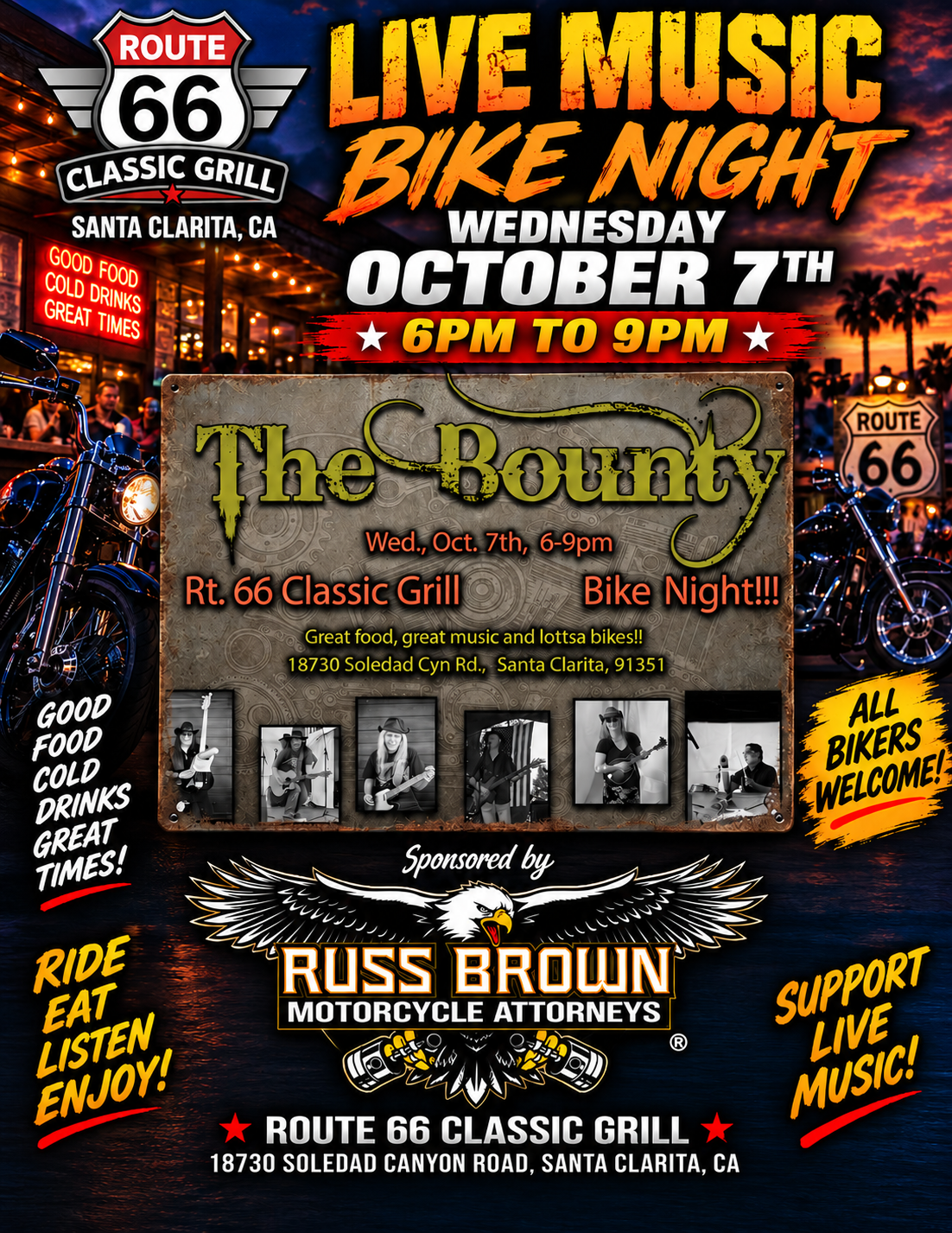 Live Music Bike Night Wednesday October 7th featuring The Bounty