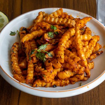 Seasoned crinkle-cut fries.